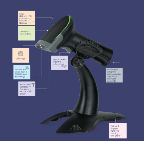 FINGERS 2D-QuickScan W9 USB Wired Barcode Scanner (Reads 1D/2D Codes | Scan Rate: 200 scans/sec | Quick Scan & CMOS Image Technology | Ergonomic Design with U-Shaped LED Indicator)
