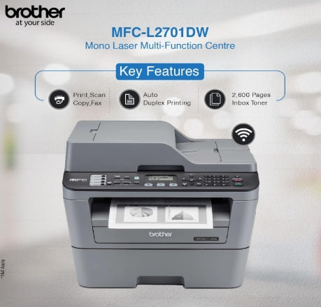 Brother MFC L2701DW Wi-Fi Auto Duplex Laser Printer with 30 PPM Print Speed, Multifunction Print Scan Copy Fax, ADF, 2 in 1 ID Copy Button, 2-line LCD Display, 250 Sheets Tray