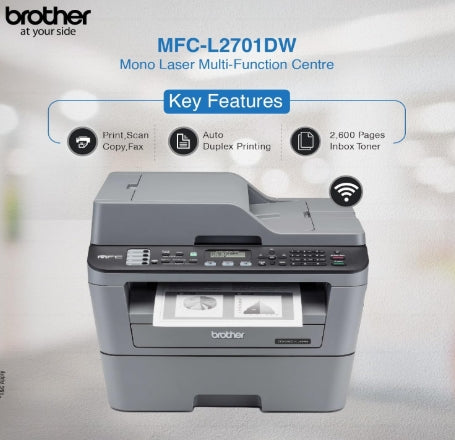 Brother MFC L2701DW Wi-Fi Auto Duplex Laser Printer with 30 PPM Print Speed, Multifunction Print Scan Copy Fax, ADF, 2 in 1 ID Copy Button, 2-line LCD Display, 250 Sheets Tray
