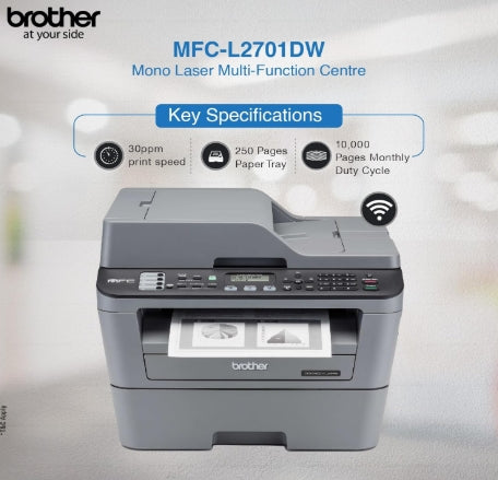 Brother MFC L2701DW Wi-Fi Auto Duplex Laser Printer with 30 PPM Print Speed, Multifunction Print Scan Copy Fax, ADF, 2 in 1 ID Copy Button, 2-line LCD Display, 250 Sheets Tray