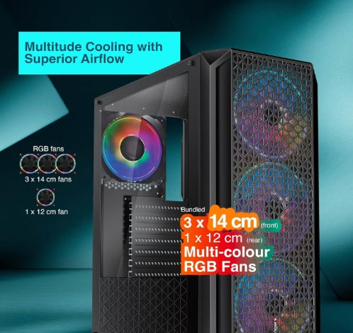 FINGERS COMMANDO-E14 Gamming  MicroATX PC Cabinet - M-ATX/Mini-ITX, Toughened Glass Panel, 4 Bundled 120mm Multi-Colour RGB Fans, Dual-Chamber, Magnetic Dust Filters, High Airflow & Water Cooling Support  W/O SMPS