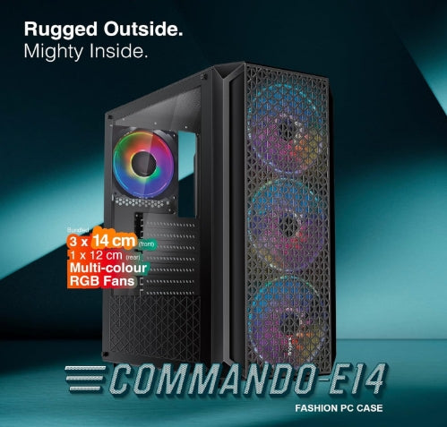 FINGERS COMMANDO-E14 Gamming  MicroATX PC Cabinet - M-ATX/Mini-ITX, Toughened Glass Panel, 4 Bundled 120mm Multi-Colour RGB Fans, Dual-Chamber, Magnetic Dust Filters, High Airflow & Water Cooling Support  W/O SMPS