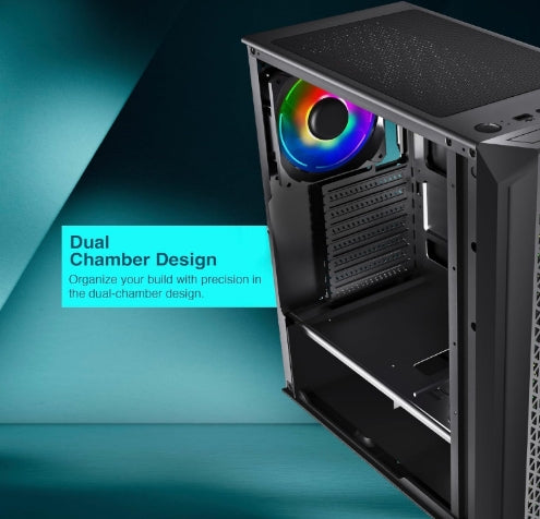 FINGERS COMMANDO-E14 Gamming  MicroATX PC Cabinet - M-ATX/Mini-ITX, Toughened Glass Panel, 4 Bundled 120mm Multi-Colour RGB Fans, Dual-Chamber, Magnetic Dust Filters, High Airflow & Water Cooling Support  W/O SMPS