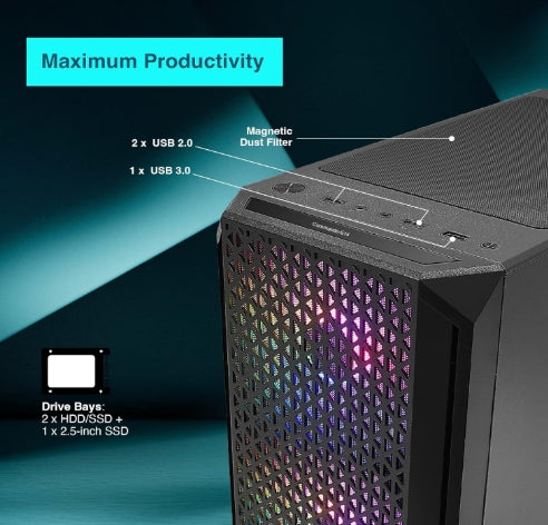FINGERS COMMANDO-E14 Gamming  MicroATX PC Cabinet - M-ATX/Mini-ITX, Toughened Glass Panel, 4 Bundled 120mm Multi-Colour RGB Fans, Dual-Chamber, Magnetic Dust Filters, High Airflow & Water Cooling Support  W/O SMPS