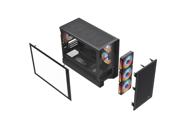 FINGERS QuickFingers HYPERHAWK BLACK Gamming  MicroATX PC Cabinet - M-ATX/Mini-ITX, Toughened Glass Panel, 6 Bundled 120mm Multi-Colour RGB Fans, Dual-Chamber, Magnetic Dust Filters, High Airflow & Water Cooling Support WO SMPS