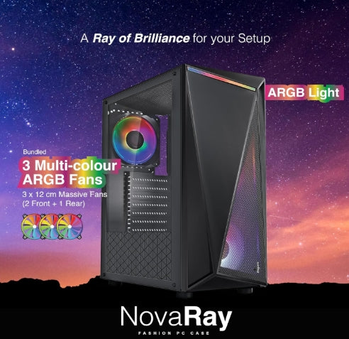 FINGERS NovaRay Full ATX PC Cabinet with Dual Chamber Design, 3 ARGB Fans of 12 cm Massive ARGB Fans for Superior Cooling & Performance, Toughened Glass Side Panel, Magnetic Dust Filter
