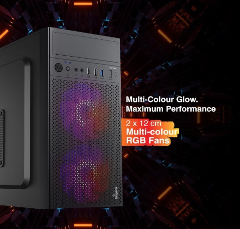 FINGERS Radiant Micro-ATX PC Case with pre-Installed 2 x 12 cm Multi-Colour LED Fans - 1 x USB 3.0, 2X USB 2.0 + HD Audio + Mic-in Ports & SMPS