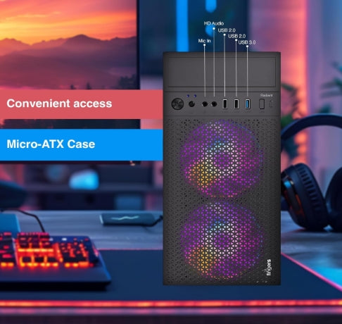 FINGERS Radiant Micro-ATX PC Case with pre-Installed 2 x 12 cm Multi-Colour LED Fans - 1 x USB 3.0, 2X USB 2.0 + HD Audio + Mic-in Ports & SMPS