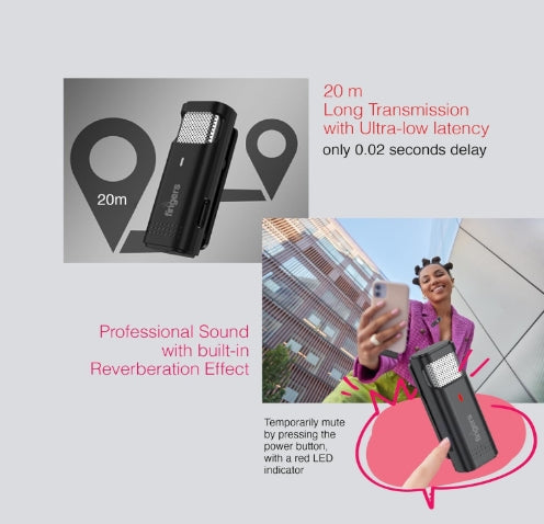 FINGERS Duo-PhoneMic-TypeC Wireless Microphone (Collar Wireless Mic for Audio Recording, Vlogs, Live Streaming, Omnidirectional, Simple Plug & Play)