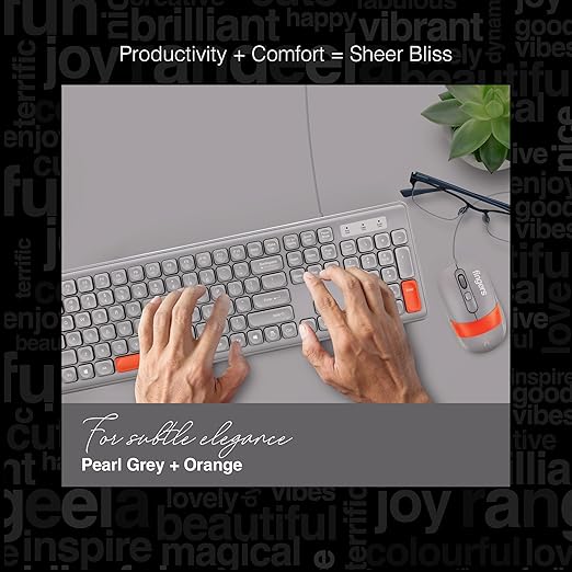 FINGERS Velvet Combo Rangeela Series Wired Deskset (Mouse + Keyboard) (Optical Technology, 12 Quick Soft-Touch Media Controls for Instant Access & Rupee Key) (Pearl Grey + Orange)