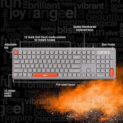 FINGERS Velvet Combo Rangeela Series Wired Deskset (Mouse + Keyboard) (Optical Technology, 12 Quick Soft-Touch Media Controls for Instant Access & Rupee Key) (Pearl Grey + Orange)