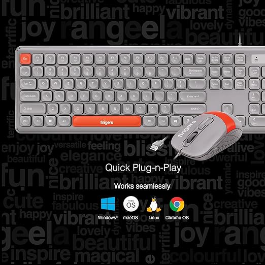 FINGERS Velvet Combo Rangeela Series Wired Deskset (Mouse + Keyboard) (Optical Technology, 12 Quick Soft-Touch Media Controls for Instant Access & Rupee Key) (Pearl Grey + Orange)