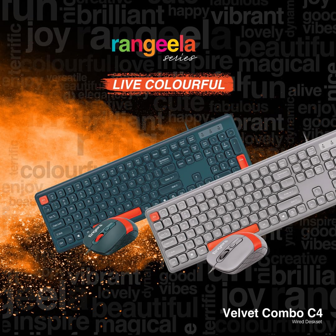 FINGERS Velvet Combo Rangeela Series Wired Deskset (Mouse + Keyboard) (Optical Technology, 12 Quick Soft-Touch Media Controls for Instant Access & Rupee Key) (Pearl Grey + Orange)