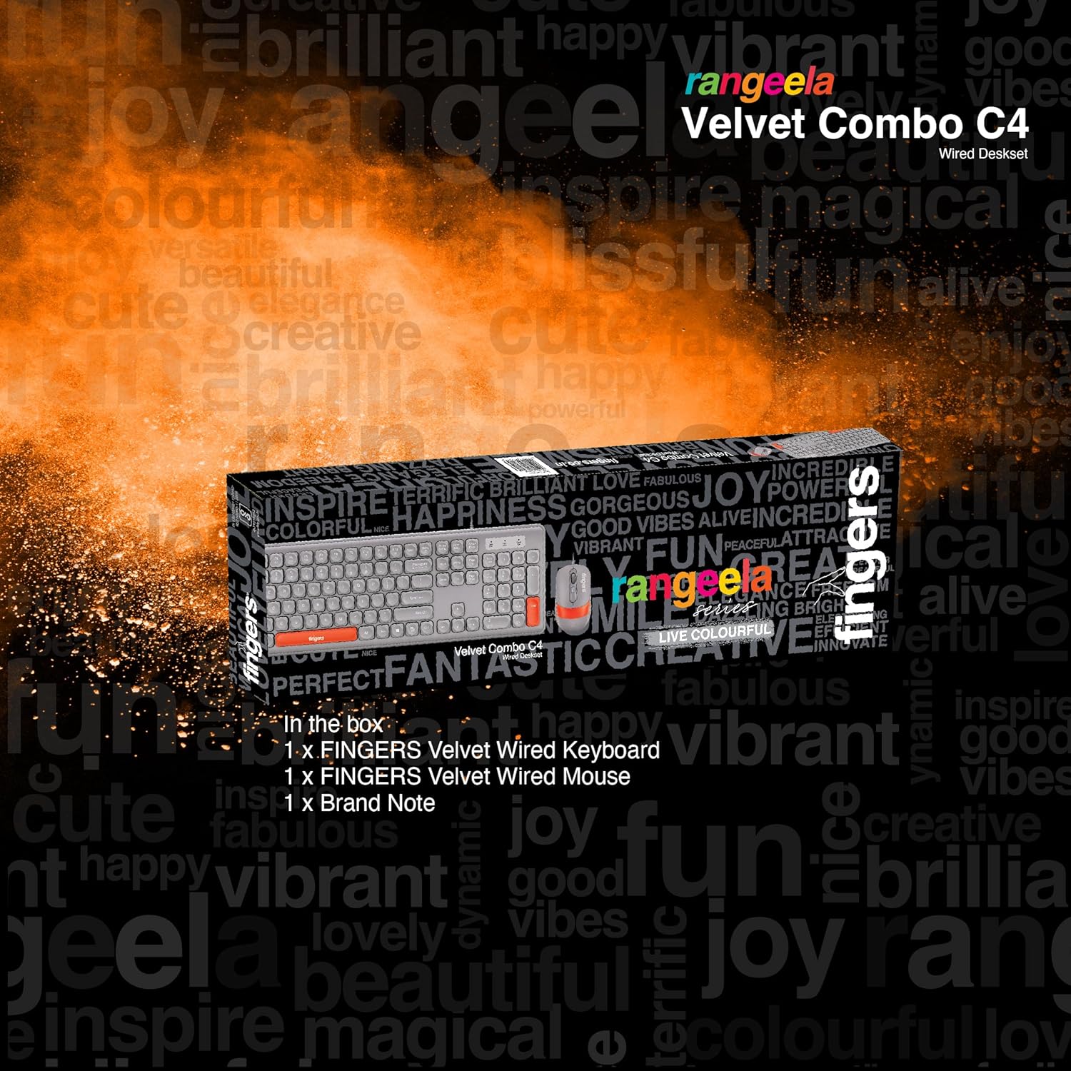 FINGERS Velvet Combo Rangeela Series Wired Deskset (Mouse + Keyboard) (Optical Technology, 12 Quick Soft-Touch Media Controls for Instant Access & Rupee Key) (Pearl Grey + Orange)