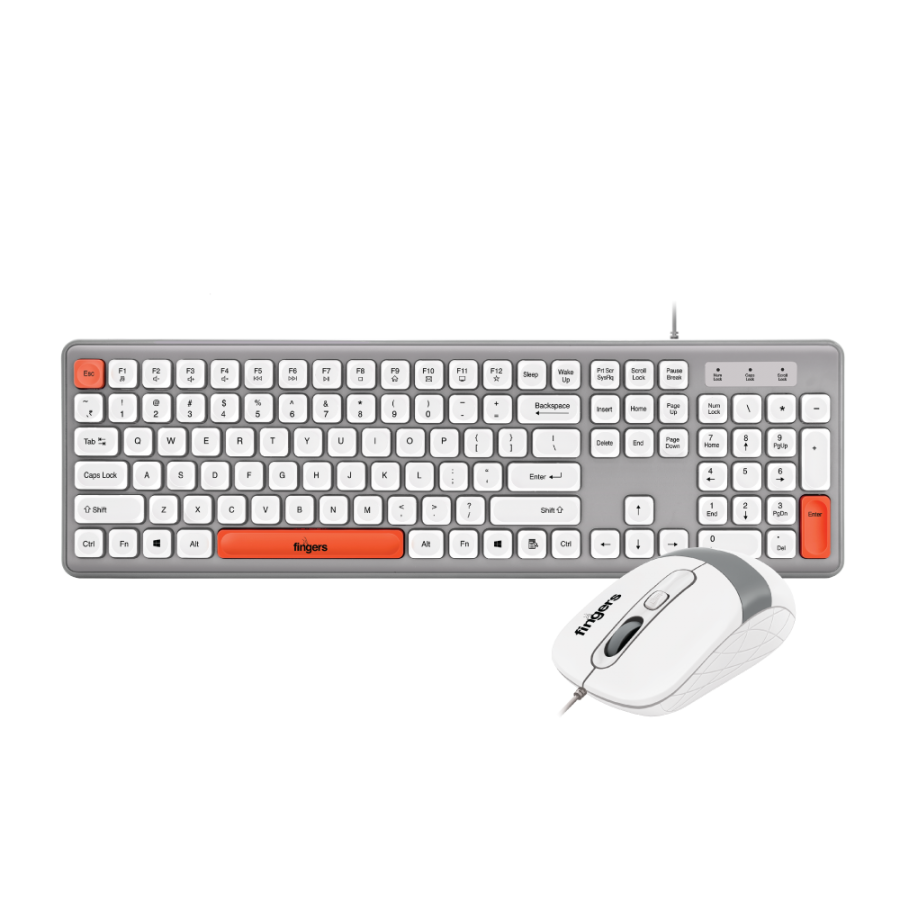 FINGERS Velvet Combo Rangeela Series Wired Deskset (Mouse + Keyboard) (Optical Technology, 12 Quick Soft-Touch Media Controls for Instant Access & Rupee Key) (Pearl Grey + White)