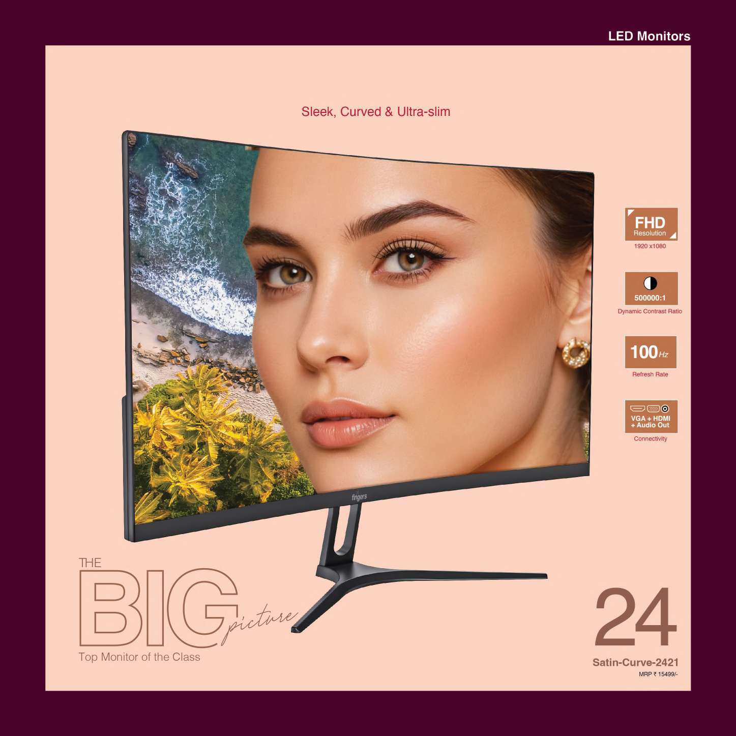 FINGERS Monitor 24" Satin-2421 Curved TFT LCD VA (23.81, 60 cm) with 1920 x x1080 FHD Resolution, Ultra-Slim Design, VGA + HDMI, Wall mountable, 100 Hz Refresh Rate, 200-250 nits Brightness 3Yrs Warranty
