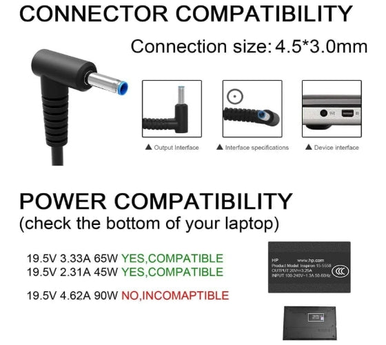 HP Blue Pin Original Laptop Charger 19.5 V 3.33 A 65 W Adapter (Fit with 3 Pin Power Cable)- Black