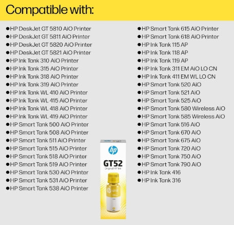 HP GT52 70-ML Yellow Original Ink Bottle  for HP 315, 316, 319, 416,500, 515, 525, 516, 530, 580, 585