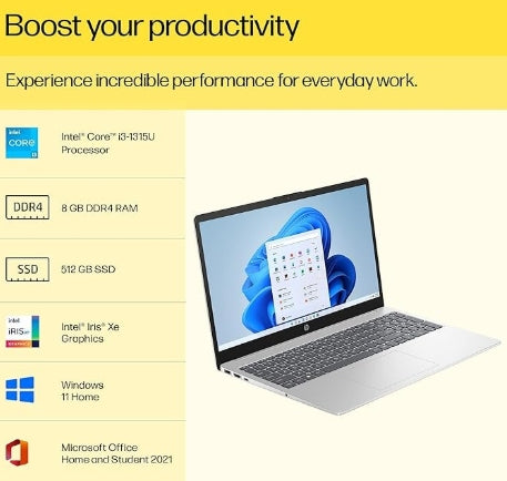 HP 15, 13th Gen Intel Core i3-1315U Laptop (8GB DDR4, 512GB SSD) Anti-Glare, Micro-Edge, 15.6"/39.6cm, FHD, Win 11, MSO 21, Silver, 1.59kg, Intel UHD Graphics, 1080p FHD Camera, fd0186tu