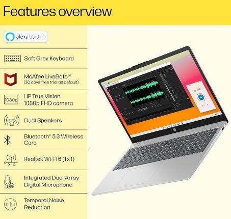 HP 15, 13th Gen Intel Core i3-1315U Laptop (8GB DDR4, 512GB SSD) Anti-Glare, Micro-Edge, 15.6"/39.6cm, FHD, Win 11, MSO 21, Silver, 1.59kg, Intel UHD Graphics, 1080p FHD Camera, fd0186tu