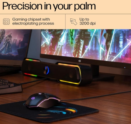 HP M270 Backlit USB Wired Gaming Mouse with 6 Buttons, 4-Speed Customizable 2400 DPI, Ergonomic Design, Breathing LED Lighting, Metal Scroll Wheel, Light weighted / 3 Years Warranty (7ZZ87AA), Black
