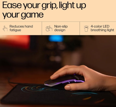 HP M270 Backlit USB Wired Gaming Mouse with 6 Buttons, 4-Speed Customizable 2400 DPI, Ergonomic Design, Breathing LED Lighting, Metal Scroll Wheel, Light weighted / 3 Years Warranty (7ZZ87AA), Black
