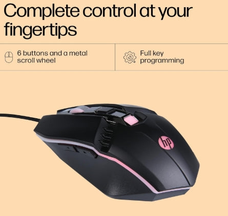 HP M270 Backlit USB Wired Gaming Mouse with 6 Buttons, 4-Speed Customizable 2400 DPI, Ergonomic Design, Breathing LED Lighting, Metal Scroll Wheel, Light weighted / 3 Years Warranty (7ZZ87AA), Black