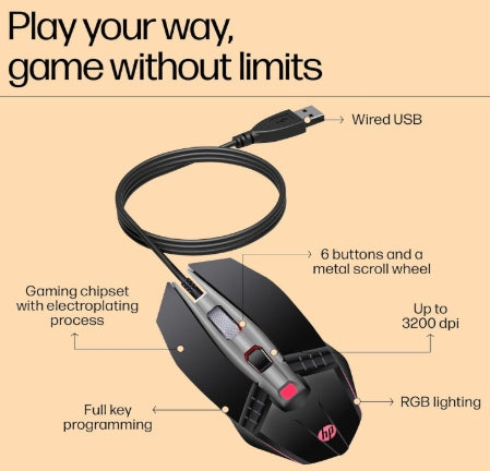HP M270 Backlit USB Wired Gaming Mouse with 6 Buttons, 4-Speed Customizable 2400 DPI, Ergonomic Design, Breathing LED Lighting, Metal Scroll Wheel, Light weighted / 3 Years Warranty (7ZZ87AA), Black