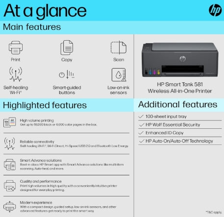 HP Smart Tank 581 All-in-one WiFi Color Printer with 2 Extra Black Ink Bottles(Up to 12000 Black and 6000 Color Prints)and 1 Year Extended Warranty with PHA Coverage. Print, Scan & Copy for Office/Home