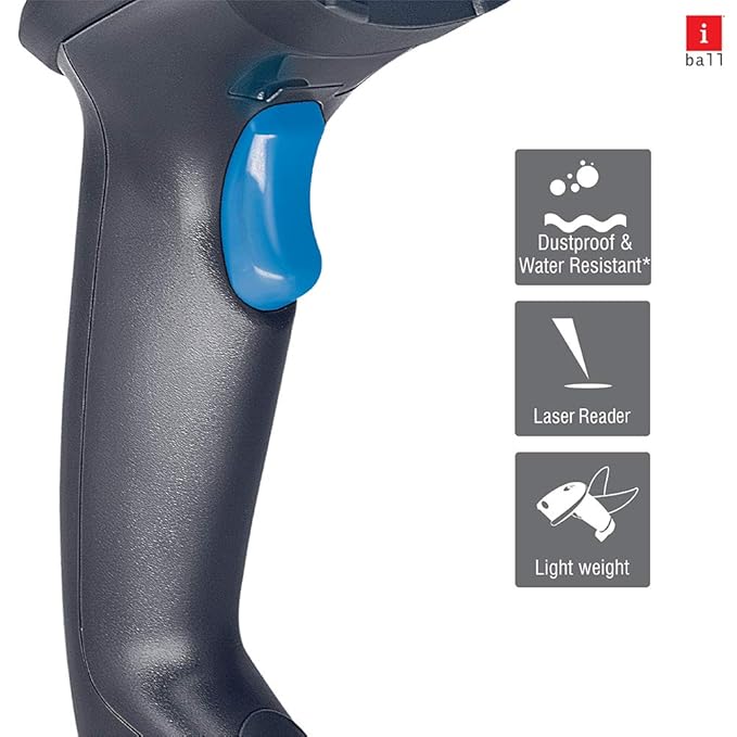 iBall LS-392 Wired USB Optical Laser High Speed 1D Barcode Scanner Reader I 32 Bit CPU I Laser Reader I Dust Proof Water Resistant I Drop Test I - Grey