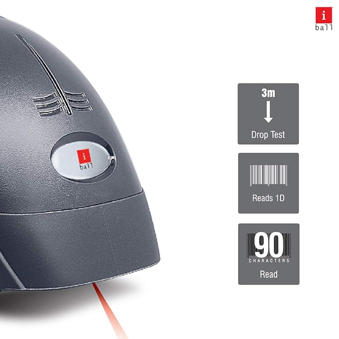 iBall LS-392 Wired USB Optical Laser High Speed 1D Barcode Scanner Reader I 32 Bit CPU I Laser Reader I Dust Proof Water Resistant I Drop Test I - Grey