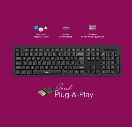 FINGERS FabClicks Multimedia USB Keyboard (104 Keys, Special Dual-Tone Soft Keys, 10 Million Life Cycles, Compatible with Windows, macOS & Linux)