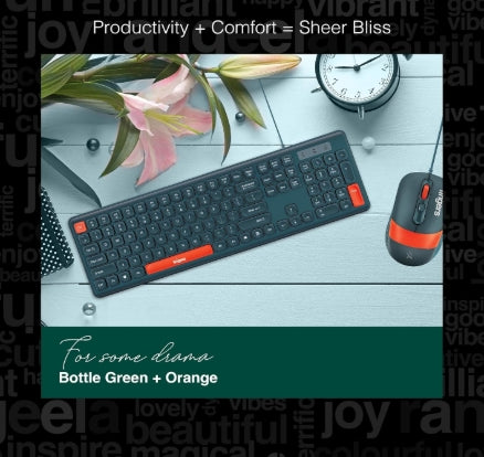 FINGERS Velvet Combo Rangeela Series Wired Deskset (Mouse + Keyboard) (Optical Technology, 12 Quick Soft-Touch Media Controls for Instant Access & Rupee Key) (Bottle Green + Orange)