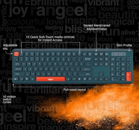 FINGERS Velvet Combo Rangeela Series Wired Deskset (Mouse + Keyboard) (Optical Technology, 12 Quick Soft-Touch Media Controls for Instant Access & Rupee Key) (Bottle Green + Orange)
