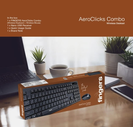 FINGERS AeroClicks Combo Wireless Keyboard and Mouse Set (Optical | 2.4 GHz Nano USB Receiver | Smart Link Auto-Connect | Windows®, macOS, Linux Compatible