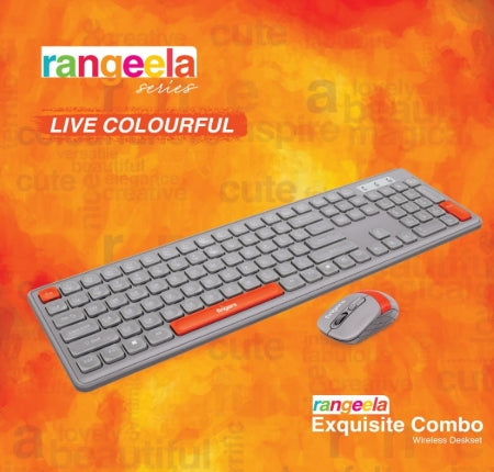 FINGERS Exquisite Combo – Rangeela Series Wireless Standard Desktop Keyboard & Mouse Compatible with Desktop, Laptop, Mac Exquisite Combo (Pearl Grey, Orange)