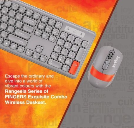 FINGERS Exquisite Combo – Rangeela Series Wireless Standard Desktop Keyboard & Mouse Compatible with Desktop, Laptop, Mac Exquisite Combo (Pearl Grey, Orange)