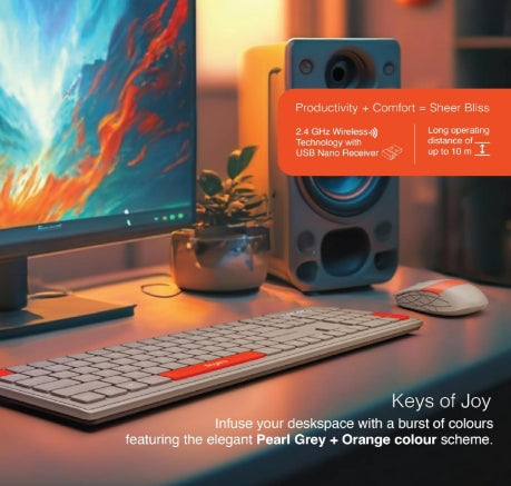 FINGERS Exquisite Combo – Rangeela Series Wireless Standard Desktop Keyboard & Mouse Compatible with Desktop, Laptop, Mac Exquisite Combo (Pearl Grey, Orange)