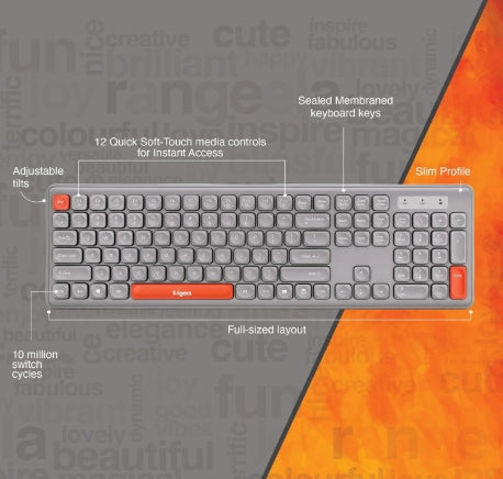 FINGERS Exquisite Combo – Rangeela Series Wireless Standard Desktop Keyboard & Mouse Compatible with Desktop, Laptop, Mac Exquisite Combo (Pearl Grey, Orange)