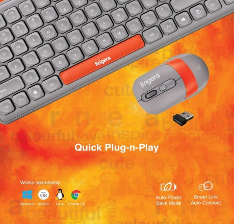 FINGERS Exquisite Combo – Rangeela Series Wireless Standard Desktop Keyboard & Mouse Compatible with Desktop, Laptop, Mac Exquisite Combo (Pearl Grey, Orange)