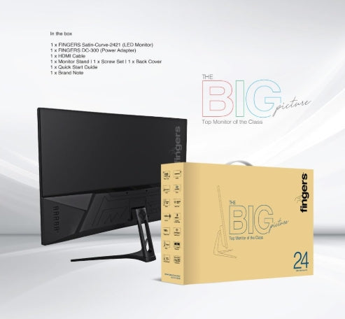 FINGERS Monitor 24" Satin-2421 Curved TFT LCD VA (23.81, 60 cm) with 1920 x x1080 FHD Resolution, Ultra-Slim Design, VGA + HDMI, Wall mountable, 100 Hz Refresh Rate, 200-250 nits Brightness 3Yrs Warranty