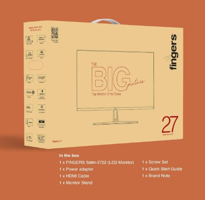 FINGERS Satin-2722 LED IPS Monitor (27 Screen Size, 1920 x 1080 IPS FHD Resolution, Low Power Consumption, Anti-Glare Screen Display, HDMI + VGA 100Hz Refresh rate 3yr Warranty