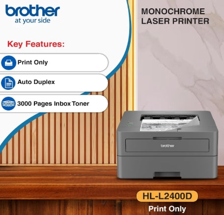 Brother HL-L2400D Automatic Duplex Laser Printer with 30 PPM Speed, 64 MB Memory, 250 Sheet Paper Tray, USB Connectivity, 3,000 Pages Inbox Toner