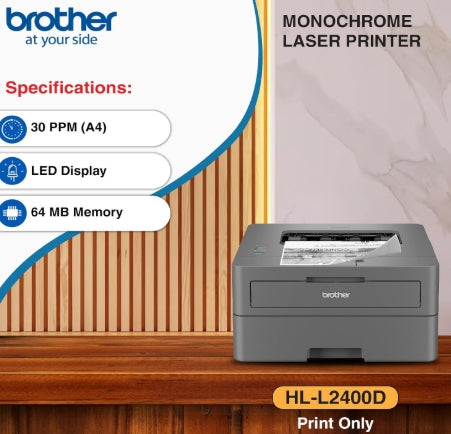 Brother HL-L2400D Automatic Duplex Laser Printer with 30 PPM Speed, 64 MB Memory, 250 Sheet Paper Tray, USB Connectivity, 3,000 Pages Inbox Toner