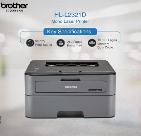 Brother HL-L2321D Automatic Duplex Monochrome Laser Printer with 30 Pages Per Minute Print Speed , 8 MB Memory, Large 250 Sheet Paper Tray, Black