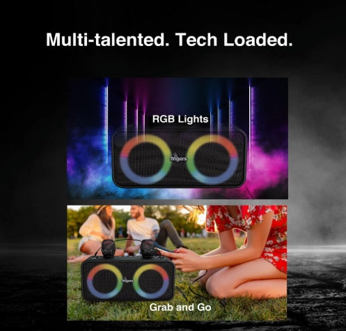 FINGERS 2Mic-Karaoke Portable Speaker with 2 Wireless Mics RGB Lights, 6-Hour Playback (24 W Intense Bass, Bluetooth® | USB | MicroSD | FM Radio) – Rich Black