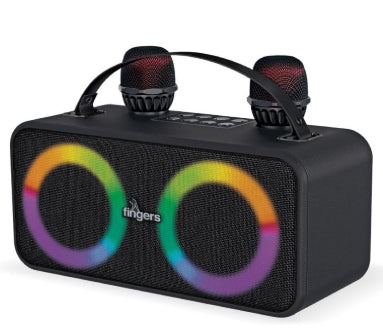 FINGERS 2Mic-Karaoke Portable Speaker with 2 Wireless Mics RGB Lights, 6-Hour Playback (24 W Intense Bass, Bluetooth® | USB | MicroSD | FM Radio) – Rich Black