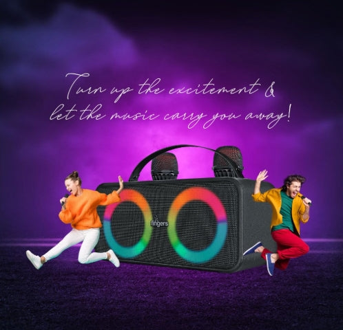 FINGERS 2Mic-Karaoke Portable Speaker with 2 Wireless Mics RGB Lights, 6-Hour Playback (24 W Intense Bass, Bluetooth® | USB | MicroSD | FM Radio) – Rich Black