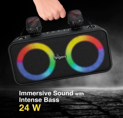 FINGERS 2Mic-Karaoke Portable Speaker with 2 Wireless Mics RGB Lights, 6-Hour Playback (24 W Intense Bass, Bluetooth® | USB | MicroSD | FM Radio) – Rich Black