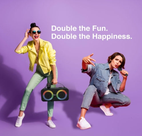 FINGERS 2Mic-Karaoke Portable Speaker with 2 Wireless Mics RGB Lights, 6-Hour Playback (24 W Intense Bass, Bluetooth® | USB | MicroSD | FM Radio) – Rich Black